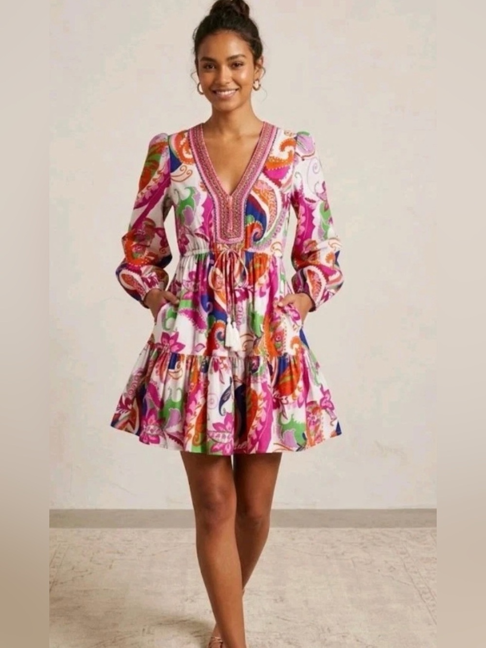 Kaktus V-Neck Long Sleeve Floral Paisley Mini Dress Size Medium